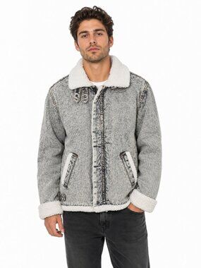 Vintage Jonathan G Acid Wash Sherpa Lined Denim Aviator Bomber Jacket L